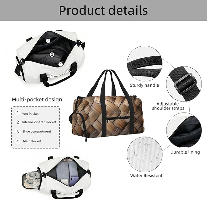 Bamboo Weave Women'S Gym Duffle Bag With Shoes Compartment, Ideal For Travel, Gym, Sports, Duffel, Weekender