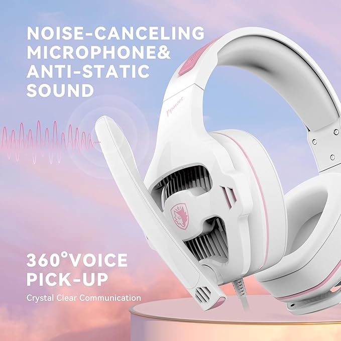 Globalsades SA726 Stereo Gaming Headset for Xbox One PS4 PS5 Controller, Over Ear Headphone with Mic Noise Cancelling Headset for PC Xbox Series (White Pink)