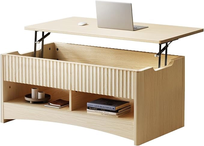 Marsail Lift Top Coffee Table with Open & Hidden Storage, Modern Fluted Coffee Table with Smooth Lift Mechanism, Sturdy Space-Saving Center Table for Home Living Room, Office, Oak