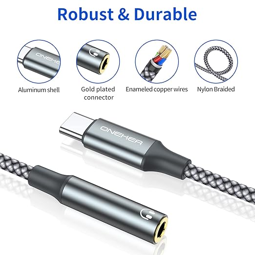 OneKer USB Type C to 3.5mm Headphone Jack Adapter, (2-Pack) USB C to Aux Female Audio Dongle Cable Cord Compatible with iPhone 16/15 Pro/15 Plus/15 Pro Max,iPad Pro,MacBook, Samsung Galaxy S24 S23 S22