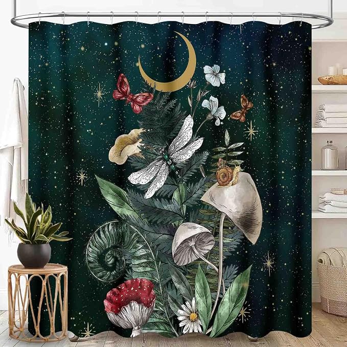 Mushroom Shower Curtain for Bathroom, Fairy Botanical Mushroom Cottagecore Gothic Moth Moon Star Nature Plants Herbs Retro Vintage VWaterproof Fabric Shower Curtain Set with Hooks, 72"x78" Inch