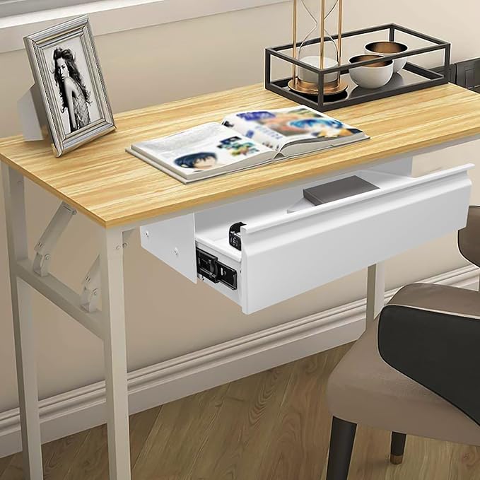 LEYSRIS 23.9" Under Desk Storage Drawer, White Sliding Pull-Out Drawer for Sit Stand Workstation
