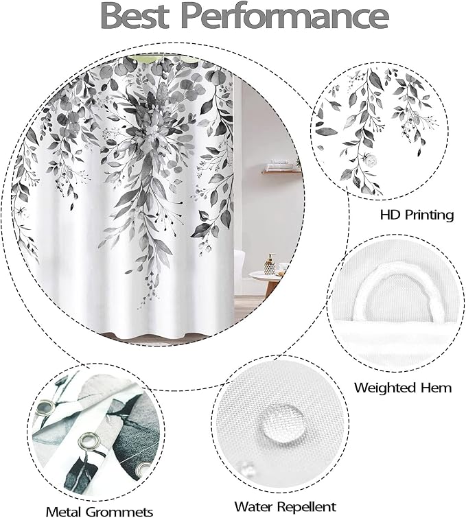 Long Gray and White Eucalyptus Shower Curtain Watercolor Grey Floral Plant Leaf Shower Curtains for Bathroom Botanical Flower Waterproof Fabric Bath Curtain with Hooks (Black, 72'' x 78'')