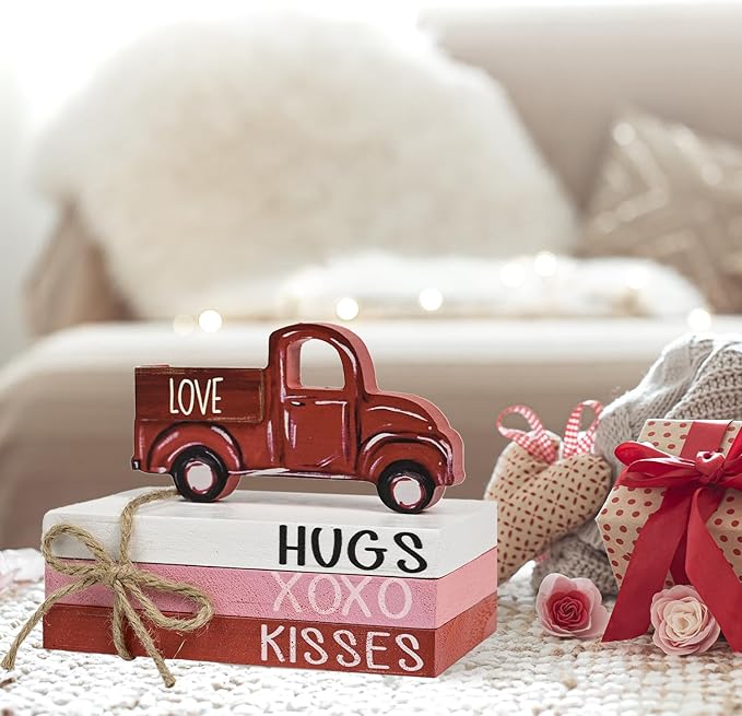 Smile Valentine's Day Wooden Book Decor Red Truck, LOVE XOXO HUGS & KISSES Signs, Valentine Indoor Decoration