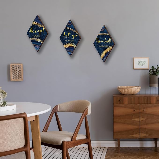 3Pcs Blue And Gold Bathroom Decor Gold Wall Decor with Accept Let Go Have Faith Quote Rustic Vintage Farmhouse Wooden Hanging Signs for Women Home Laundry Living Bedroom(12x7)