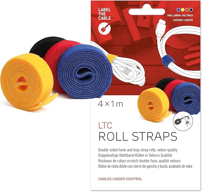 Label-the-cable Cable Management Ties Tape, Adjustable, Re-Useable/Cable Tidy/Hook and Loop Cord Organizer, Wire Management/LTC Rolls, 4 PCS, 1m x 16mm, Black, Blue, Yellow and Red, LTC 1230
