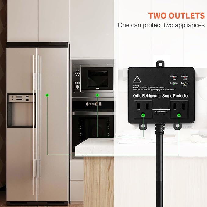 Refrigerator Surge Protector, Ortis Double Outlet Voltage Protector for Home Appliances TV Washer with Time Delay, Protects Against Brownout, Spike, Instant Surge All Voltage Abnormalities