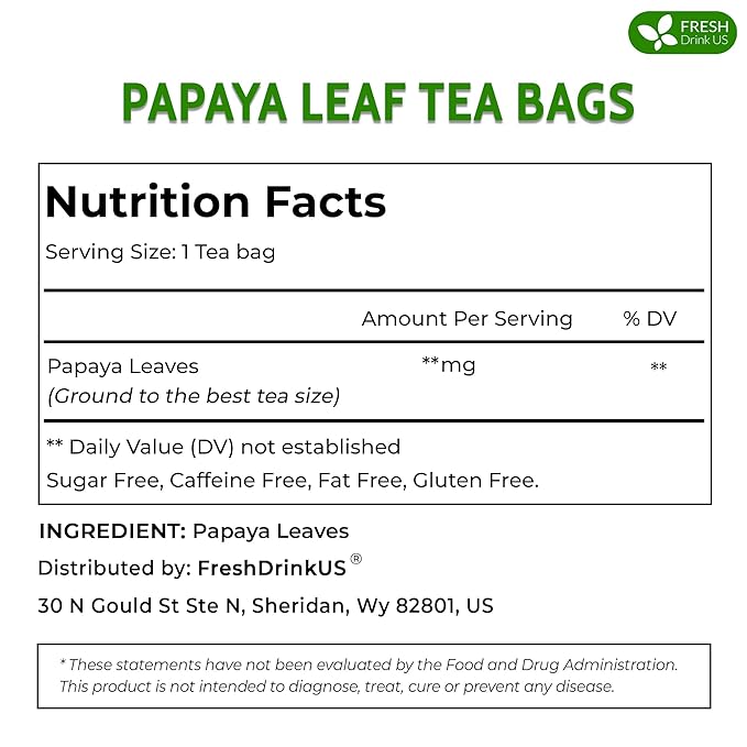 FreshDrinkUS, Premium 75 Papaya Leaf Tea Bags, 100% Natural & Pure from Papaya Leaves. Loose Leaf Herbal Tea. Made with Natural Material Tea Bags. No Sugar, No Caffeine, No Gluten, Vegan.