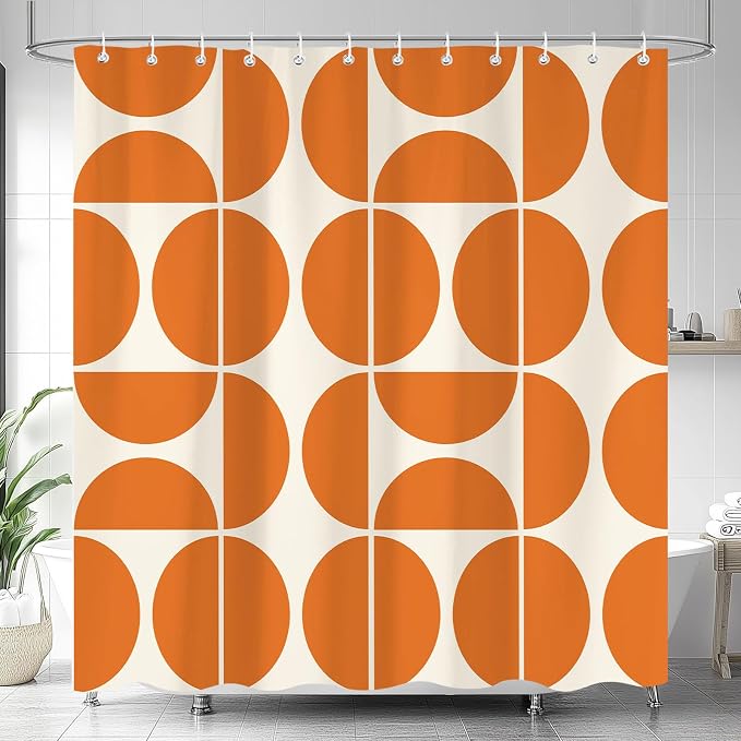 Orange Mid Century Modern Shower Curtain, Boho Abstract Geometric Retro Art Bath Curtains For Bathroom, Colorful Unique Pattern Waterproof Polyester Fabric Bathroom Accessories Set 12 Hooks 72X78IN