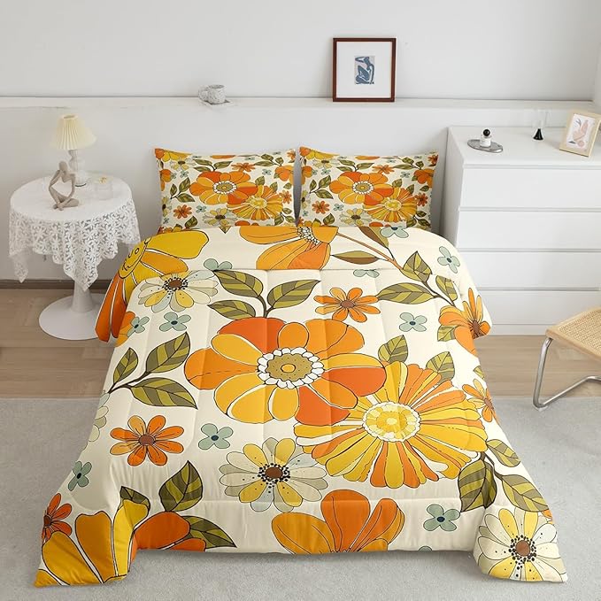 Castle Fairy Kids Retro Flowers Bedding Comforters Queen Size,Watercolor Yellow Floral Green Leaves Plant Comforter Set with 2 Pillowcases,70s Trippy Daisy 3pcs Children Adult Duvet Set,Soft