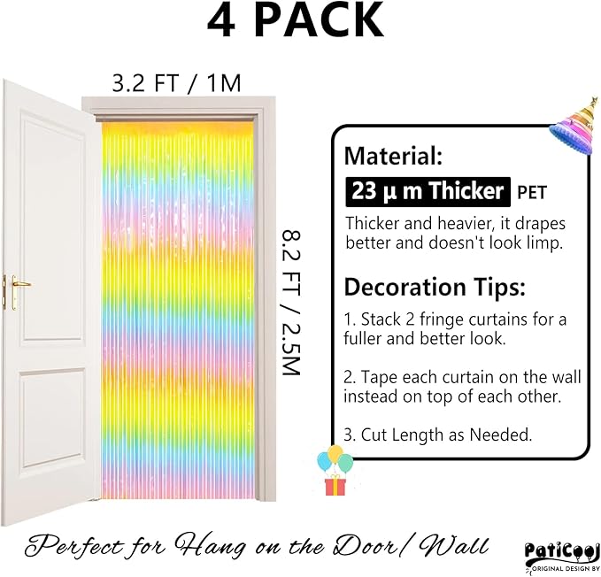 Thicken Pastel Rainbow Streamers 4 Pack 3.2 x 8.2 FT, Pastel Birthday Decrorations Tinsel Backdrop Curtains, Foil Fringe Photo Backdrop for Baby Shower, Easter, Spring Party Decorations