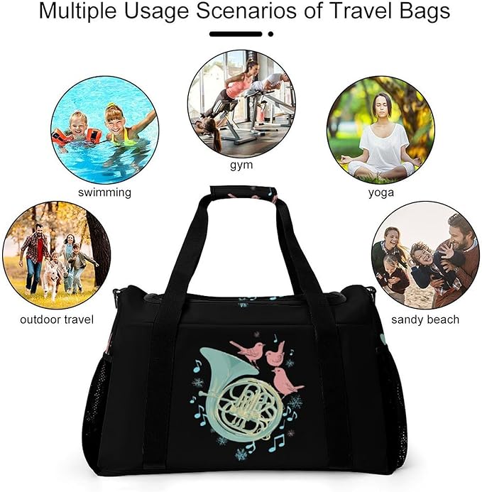 French Horn Music Bird Duffle Bag Gym Bag for Workout Travel Tote with Detachable Straps