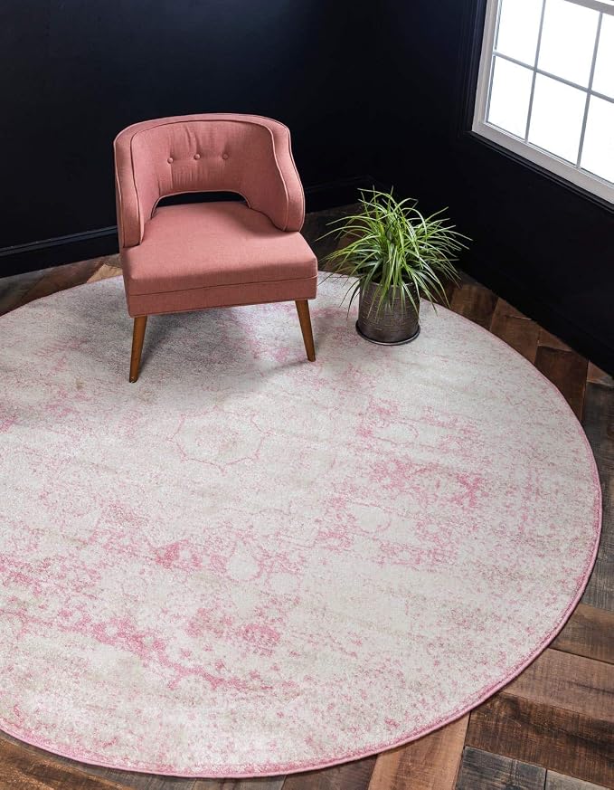 Unique Loom Bromley Collection Area Rug - Wells (5' 3" Round, Pink/ Ivory)