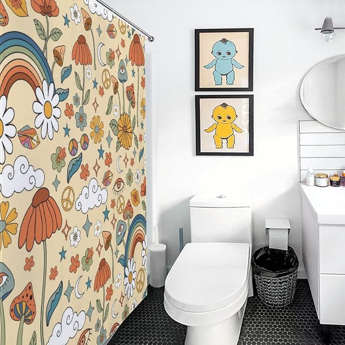 70s Mushroom Shower Curtain, Retro Groovy Hippie Funky Boho Rustic Cute Vintage Colorful Botanical Plants Pattern Orange Waterproof Fabric Bathroom Shower Curtain Set with Hooks, 72"x78" Inch