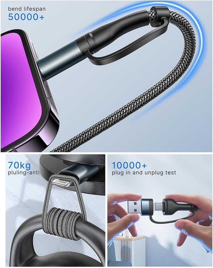 4 in 1 Charging Cable, USB C Lightning Adapter USB C to USB C 60W PD [Fast Charging & Data Sync] 4 in 1 Multi Charger for iPhone 16 15 14 13 12,MacBook Pro 2023 iPad mini 6/Pro,Samsung Galaxy S22 S21
