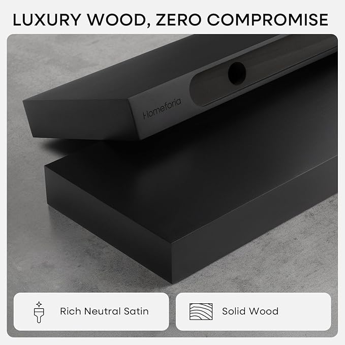 Homeforia Black Floating Shelves 24 inch, High End Solid Real Wood 24inch Bathroom Floating Shelf for Wall Mounted, Black Wooden 24in Floating Shelves, Heavy Duty Bracket, 24 X 6.5 X 1.75 in, Set of 4