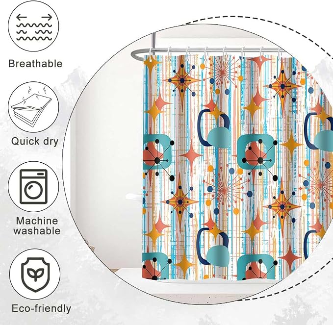 Mid Century Shower Curtain, 72x78inch, Modern Abstract Retro Colorful Striped Geometric Shower Curtain Sets 1950s Boho Bathroom Shower Curtain with 12 Hooks