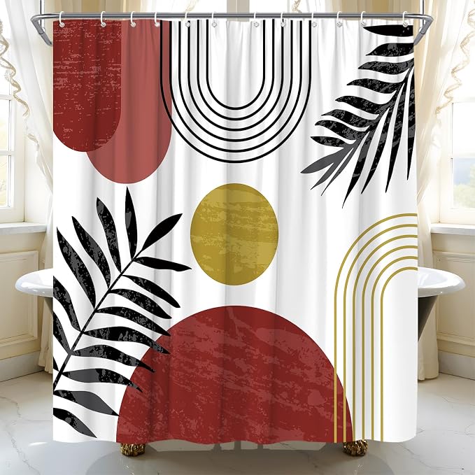 Mid Century Modern Shower Curtain Boho Red Abstract Retro Aesthetic Fabric for Bathroom Decor Bathtub with Hooks (70" WX84 H)