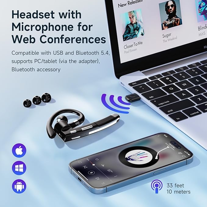 Boytond Bluetooth V6.1,Single-Ear Wireless Headset with USB Dongle, 10H Talk Time and 4H Playtime via USB, Dual-Mic Noise Canceling Earpiece for Computer/Cell Phones, Driving Headset for Trucker Work