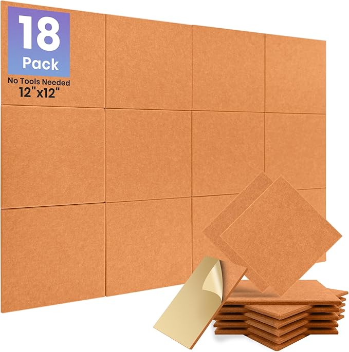 Focusound 18 Pack Sound Proof Panels for Walls, Self-Adhesive Acoustic Panels Sound Absorbing, 12" X 12" X 0.4" High Density Square Soundproof Wall Panels