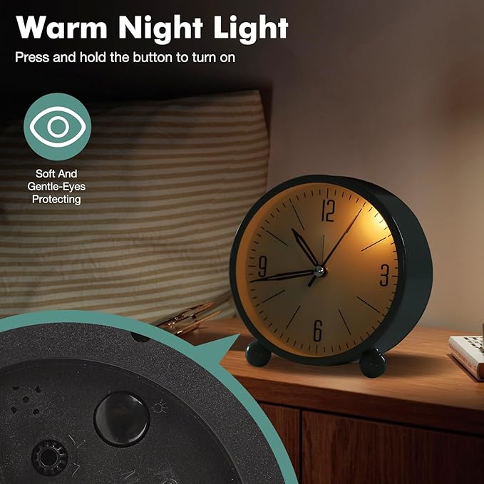 Blusaryme Analog Alarm Clock - 4 Inch Super Silent Non-Ticking, Battery Operated Small Clock with Night Light, Elegant Bedside Desk Clock for Bedroom, Living Room, Office, Student Gift