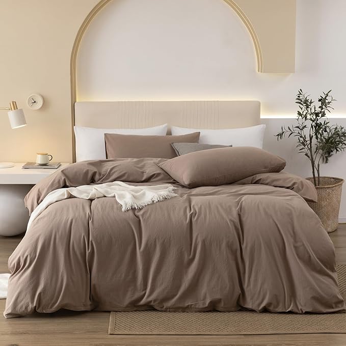 JIYUAN 100% Washed Cotton Duvet Cover Set 3 Pieces Super Queen, 1 Duvet Cover 90x98 Inches(Comforter Not Included) and 2 Pillowcases,Linen Feel Bedding Set Comfy and Breathable,Light Brown
