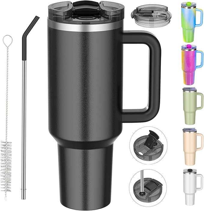 40 oz tumbler with handle and straw,Double Wall Vacuum Reusable Stainless Steel Insulated Water Bottle,With Leak Proof lid and Straw for Iced or Cold Beverages (Black)