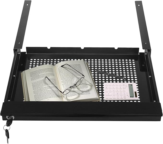LEYSRIS 17.72" Lx1.8 H Under Desk Storage Drawer with Holes, Locking Design Black Sliding Pull-Out Drawer for Sit Stand Workstation