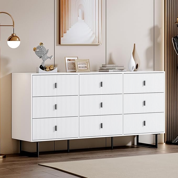 Chrangmay Modern Chest of Drawers with 9 Drawers,Deep Drawers,Clothes Organizer,Large Storage Cabinet for Living Room, Bedroom,Hallway,with Anti-Tipping Device, White