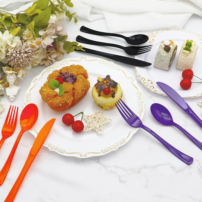 153 Pcs Halloween Plastic Silverware Heavy Duty Disposable Tableware Sets Includes Spoons Forks Knives for Halloween Party Supplies (Black Orange Purple)
