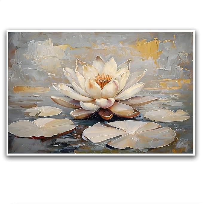 Ethereal white lotus floating on Crystal Waters poster vintage oil painting printwall art soft blush and gold accents serene home and office decor dreamy 24x36in Frameless
