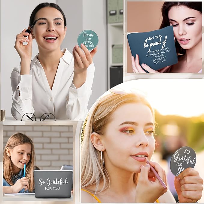 20 Pcs Employee Appreciation Gifts For Women Inspirational Canvas Makeup Bags Portable Compact Mirror Bulk Cosmetic Bags Thank You Gifts for Social Worker Coworkers (Praise,Vintage)