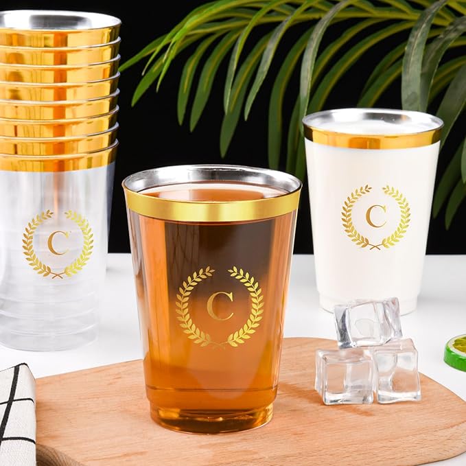 100 Pieces Monogrammed Plastic Cups Gold Foil Letter C Disposable Cups 12 oz Clear Initial Party Cups for Wedding Birthday Baby Shower Personalized Party Drinkware