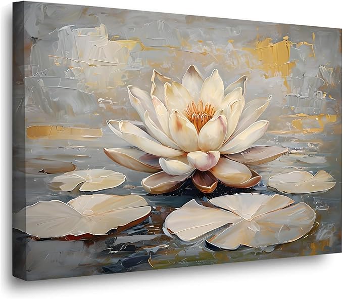 Ethereal white lotus floating on Crystal Waters poster vintage oil painting printwall art soft blush and gold accents serene home and office decor dreamy 28x40in Wood Framed