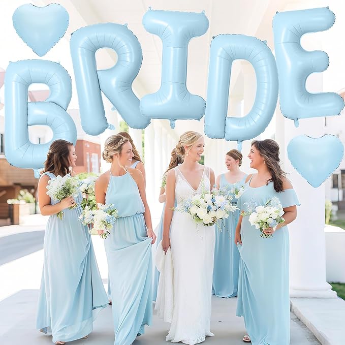 40inch Baby Blue BRIDE Letter Balloons, Giant Pastel Blue Bride Foil Helium Balloon Banner with Heart Balloon for Bride to Be Wedding Engagement Bridal Shower Blue Bachelorette Party Decoration