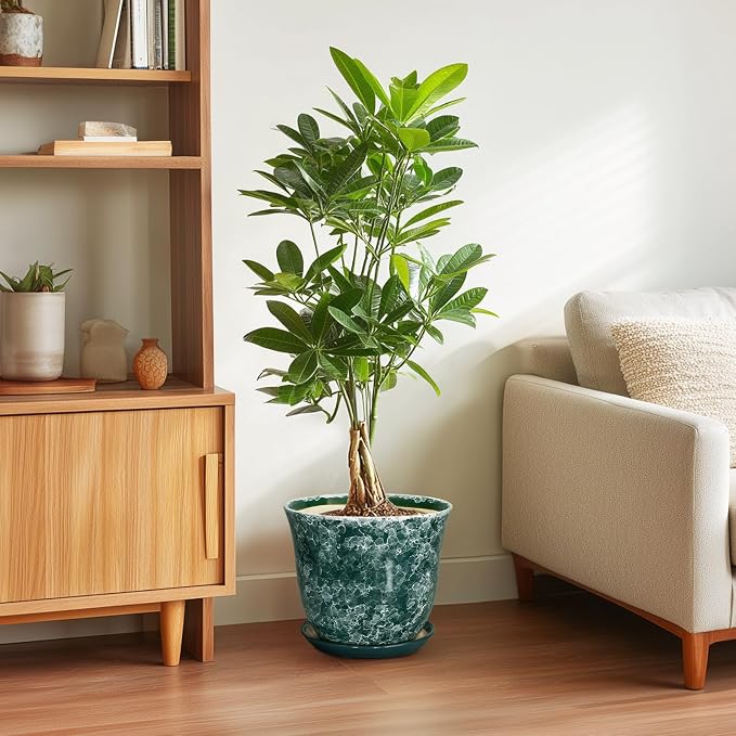 Ceramic Plant Pots - 10 Inch Plant Pot for Indoor Outdoor, Round Planter with Drainage Hole and Tray, Decorative Flower Pots, Modern Planters, Home Patio Garden Decor, Garden Gifts, Green