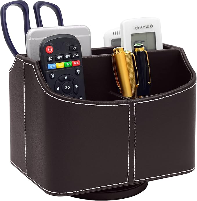 RHCSZ PU Leather Remote Control Holder 360 Degree Spinning Desk Organizer Storage Box for Remote Caddy,TV Guide, Mail, Electronics, Pen,Stationery and Media Storage (Brown)