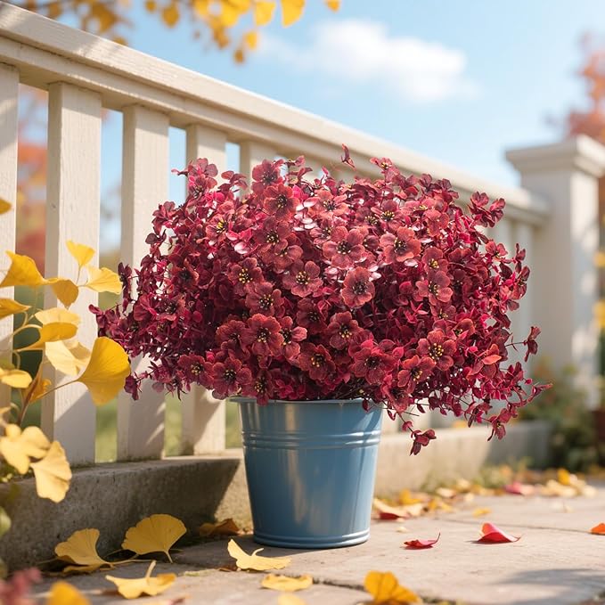 16 Bundles Artificial Boxwood Flowers Outdoor UV Resistant, 13.5" Fall Faux Greenery for Porch Planters Thanksgiving Decor - Fake Plants for Garden, Fireplace, Front Door(Wine Red)