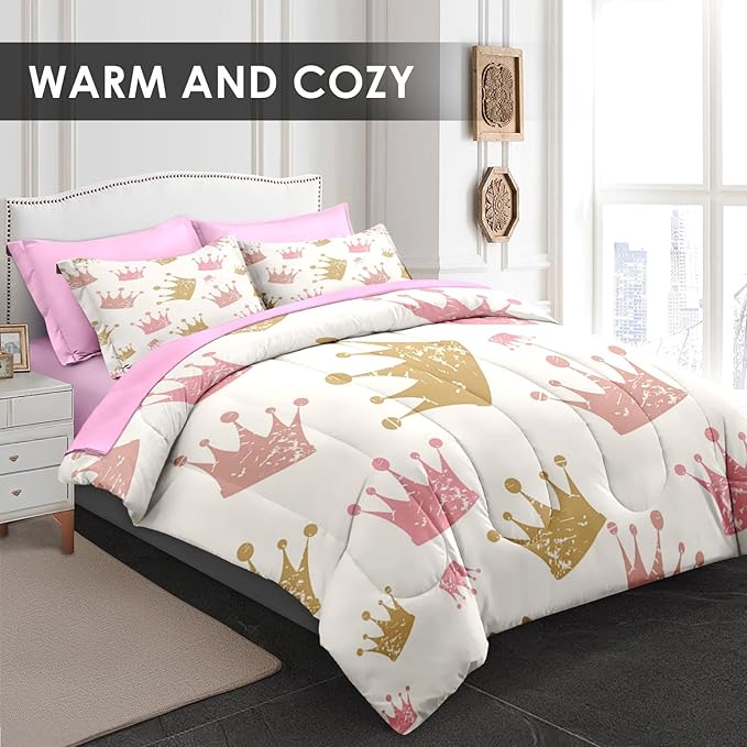 Comforter Set Queen Size, Cute Kids Crown 7 Pcs Bedding for Kids and Adults, Pink Princess Girls Bed Sheet Sets with Fitted Sheet 2 Pillowcase & 2 Sham for Bedroom Bed Decor