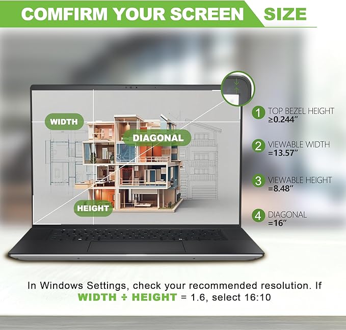Magnetic Laptop Privacy Screen 16 inch for 16:10 Computer Monitor, Removable Anti-Glare Screen Privacy Shield, Screen Filter and Protector for Laptop (13 9/16" × 8 1/2"), Fits (WUXGA 1920×1200)