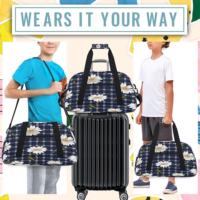 Sports Duffel Bags, Daisy Navy Plaid Water-Resistant Gym Duffle Bag for Men Women, Lightweight Weekender Overnight Bag for Fitness, Workout, Travel
