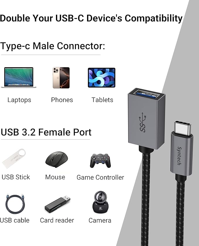 Syntech USB C to USB Adapter, 2 Pack USB C to USB 3, 10Gbps Type C, Thunderbolt 3 to USB Female Adapter OTG Cable Compatible with iPhone 17/16/15 Pro Max, iPad mini 6, MacBook Pro/Air, Space Gray