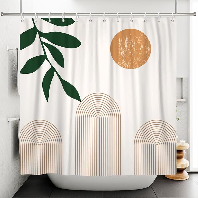 Boho Mid Century Shower Curtain Abstact Arch Sun Leaves Modern Minimalist Geometric Plant Aesthetic Shower Curtains Polyester Fabric Bathroom Decoration Curtain with Hooks 72x72 inch