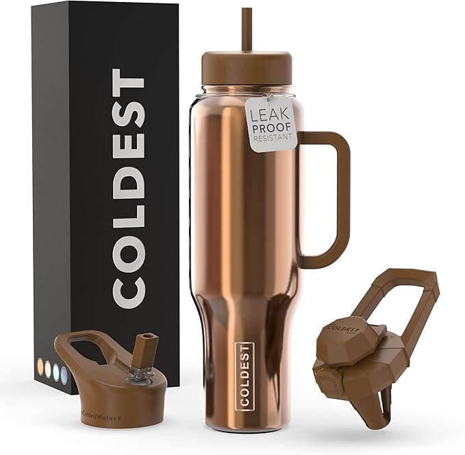 Coldest Tumbler with Handle and Straw - 100% Leak Proof Insulated Tumbler with Lid and Straw (3 Lids) - Stainless Steel Tumblers for Women & Men - Cup Holder Friendly Base, 46 oz (Asgard Gold)