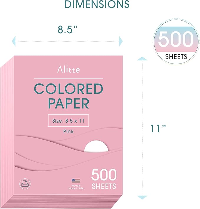Alitte Colored Paper 500-Sheets - Pink Paper, 8.5 x 11 Colored Printer Paper, Arts & Crafts, DIY Projects - School & Office Supplies - Pastel Copy Paper, 1 Ream, Made in the USA