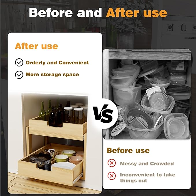 Gsskny Pull Out Cabinet Organizer, 26''W×21''D Sliding Drawers for Cabinets, 2 Tier Soft Close Slide Out Wooden Pull out Drawers, Base Cabinet Organization for Kitchen, Pantry, Bathroom