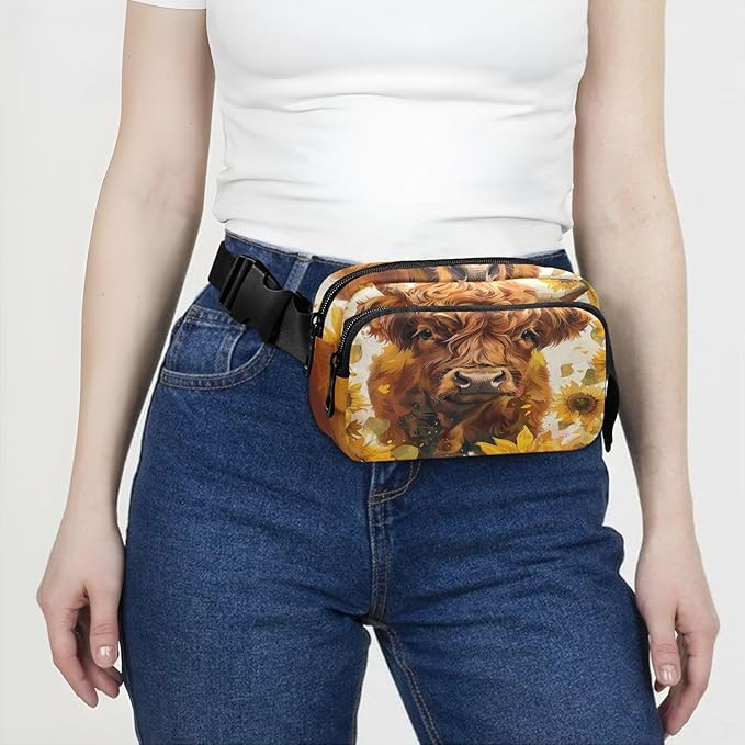 Highland Cow Sunflowers Fanny Pack for Women Men Water Resistant Fashion Waist Packs with Adjustable Strap Belt Bag for Travel Workout Jogging Hiking 21220113