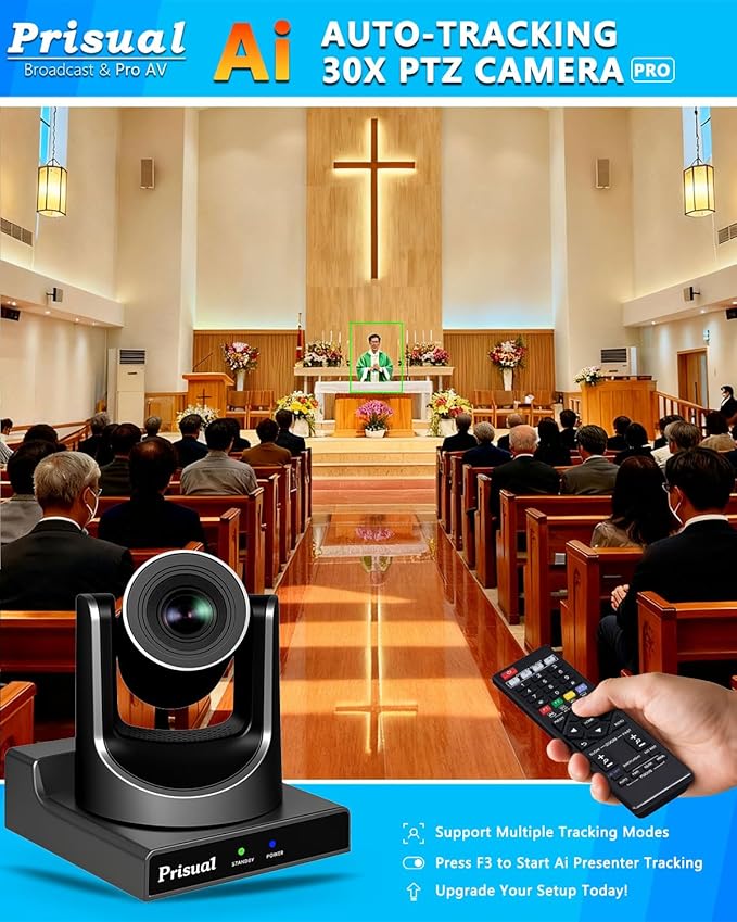 Prisual PTZ Camera Gen 5, 30X Optical Zoom Auto AI Tracking, HDMI 3G-SDI USB IP Streaming, 0.5 Lux for Church Live Streaming, YouTube Facebook, Events, vMix, OBS, Wirecast. TEM-30S PRO