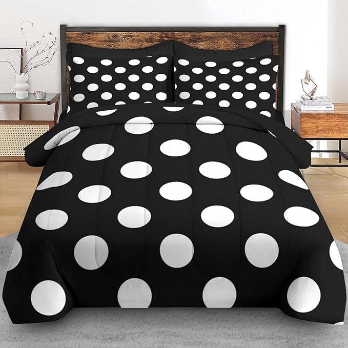 Comforter Set King Size, Polka Dot 7 Pcs Bedding for Kids and Adults, Black and White Bed Sheet Sets with Fitted Sheet 2 Pillowcase & 2 Sham for Bedroom Bed Decor