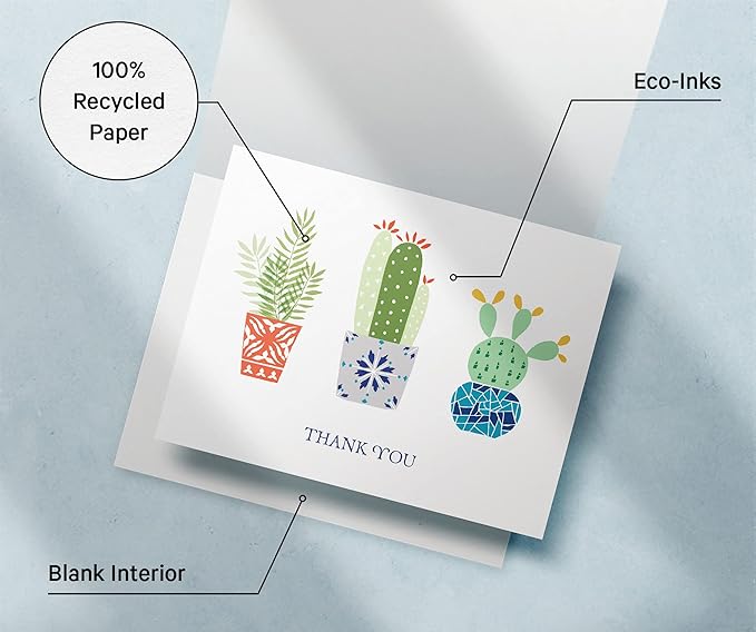 Twigs Paper Thank You Card Set - 12 Assorted Greeting Cards For All Occasions - Thank You Cards with Envelopes - Appreciation Cards - Eco Friendly - Made In USA - 5.5 x 4.25 Inch Size - Cactus Themed